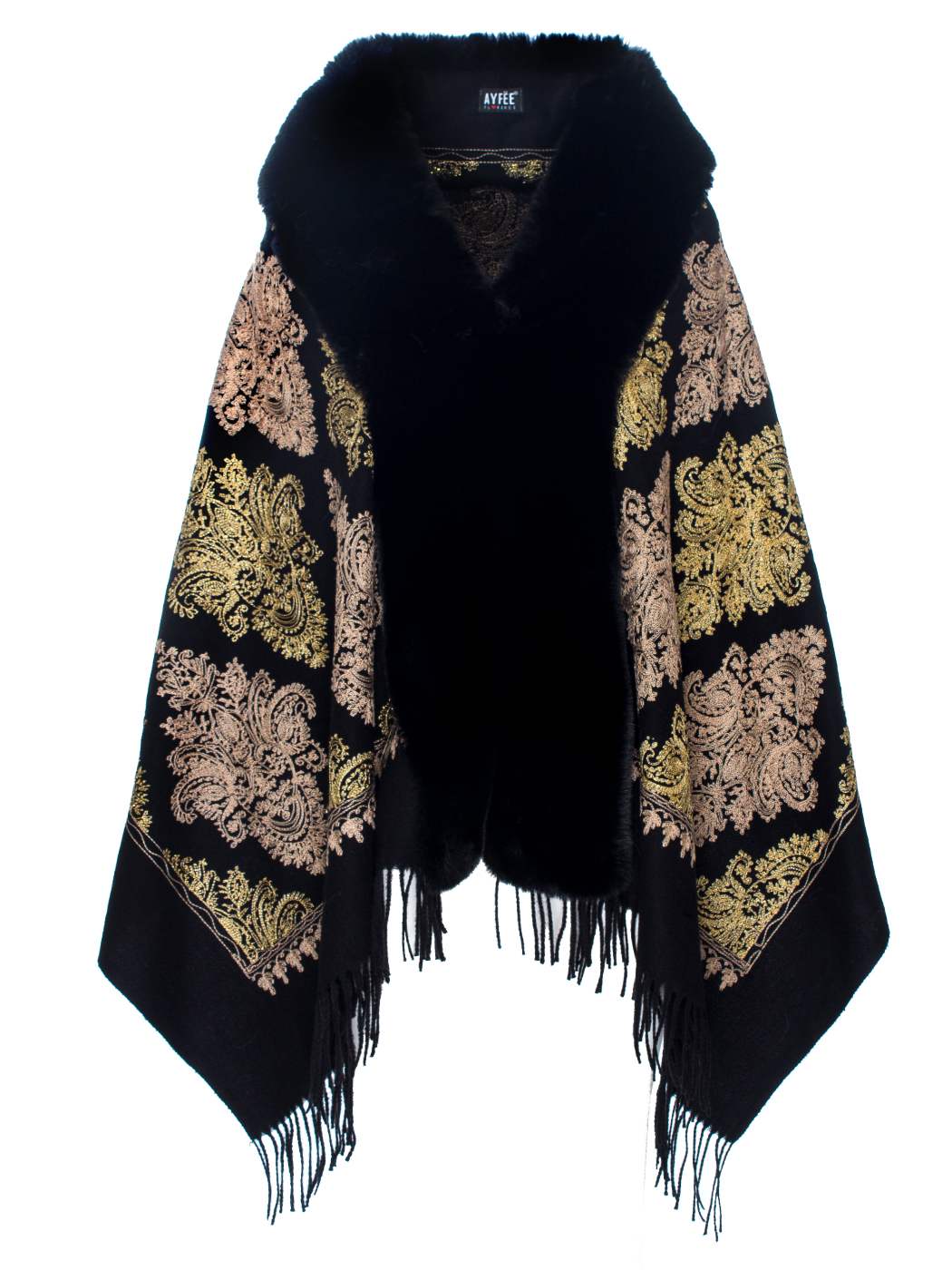 MANTELLA JACQUARD FLOR DE LIS EMBROIDERY FLOR DE LIS CON PELLICCIA, TG UNICA - BLACK